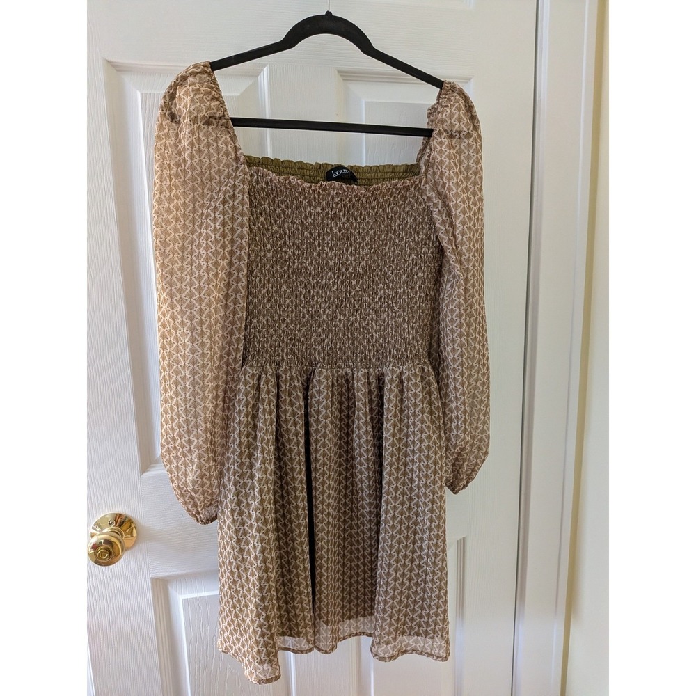 Kourt Tan Calypso Fan Print Smocked Mini Dress Metallic Stripe XL Womens